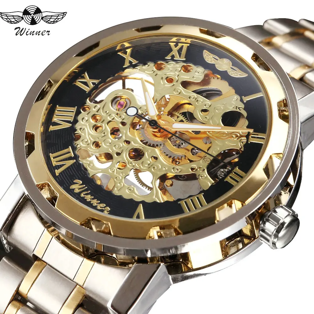 

WINNER New Fashion Men Hand-wind Mechanical Watches Stainless Steel Strap Roman Numerals Skeleton Wristwatches Top Brand Luxury