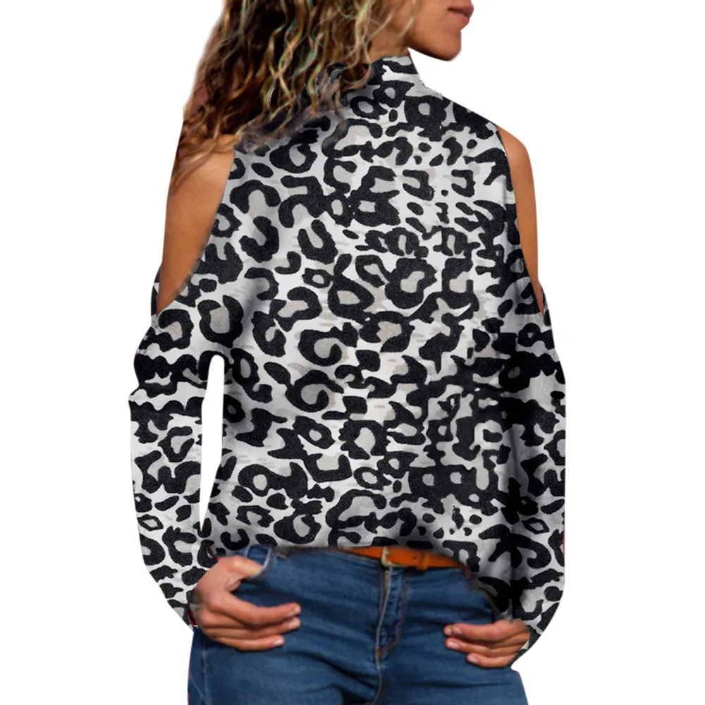 Для женщин s Костюмы мода высокого шеи с уличной Для женщин с открытыми плечами леопардовым принтом Толстовка блузка Футболка sudadera mujer