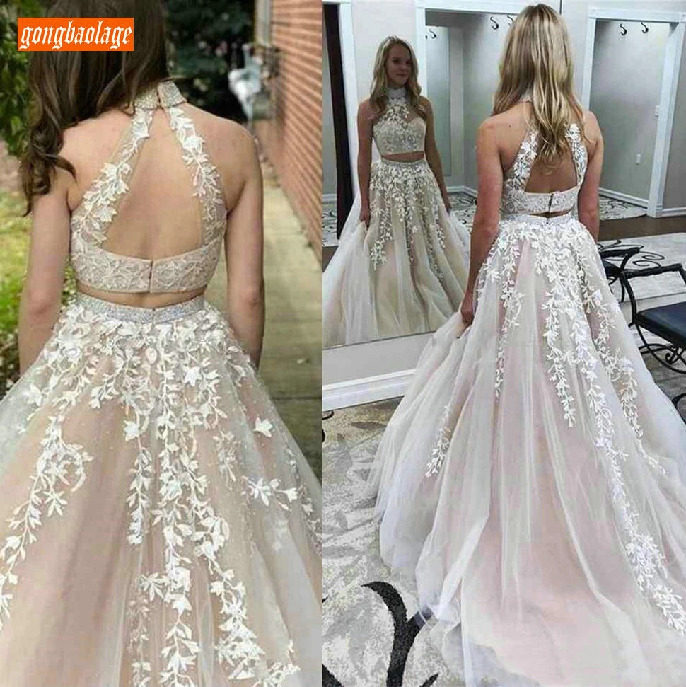 

Sumptuous Boho 2 piece Beach Wedding Dress High Neck Tulle Lace Appliques Backless Wedding Gowns Sexy Sweep Train Bridal Dresses