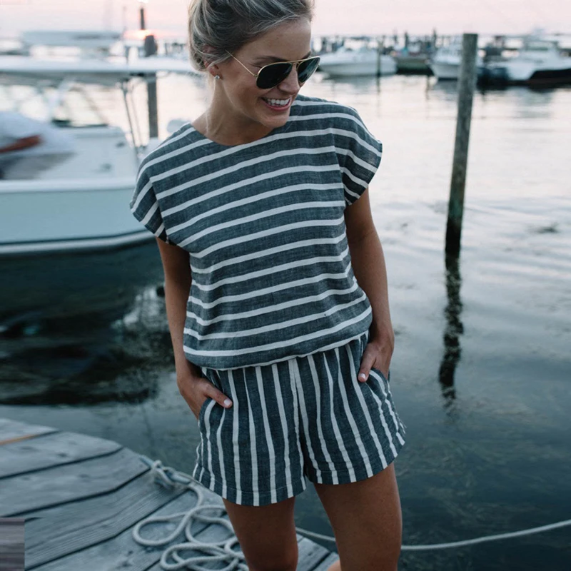 CROPKOP Short Sleeve Striped Losse Casual Summer Rompers Womens Jumpsuit Short 2018 Sexy Backless Boho Playsuits One Piece Tops