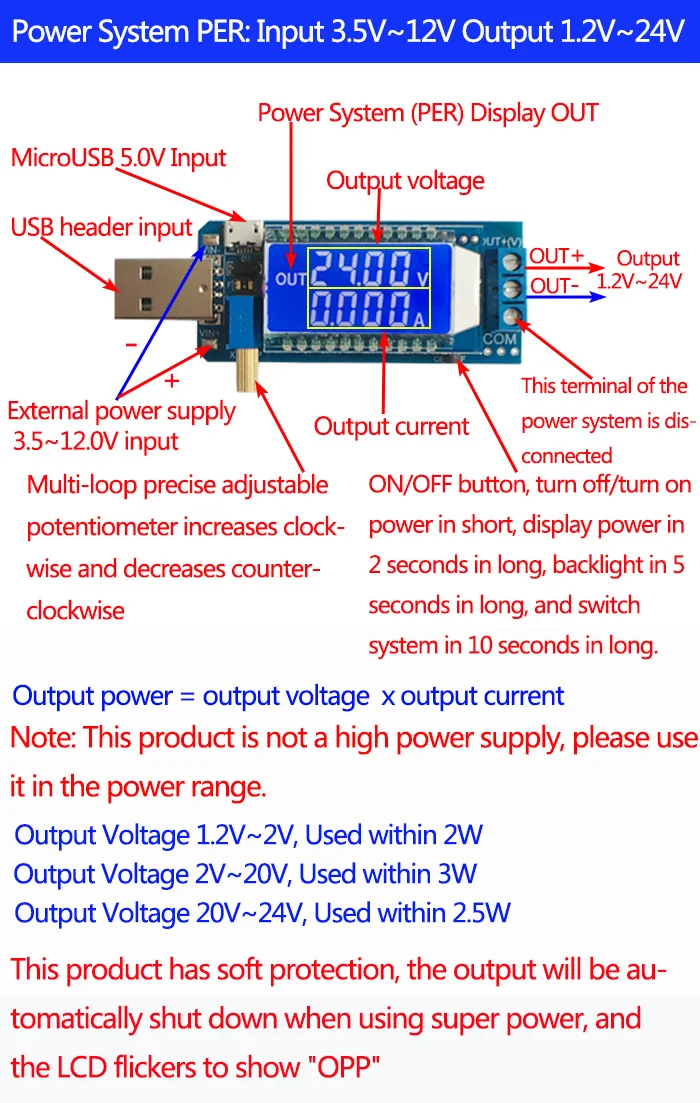 DC USB Boost/понижающий преобразователь Мощность при напряжении от 5 в до 1,2 V~ 24v 12v Регулируемый источник питания Ач Емкость