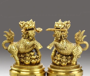 

China Bronze Fengshui Yuanbao Ruyi Unicorn kylin Kirin Foo Dog Lion Statue Pair
