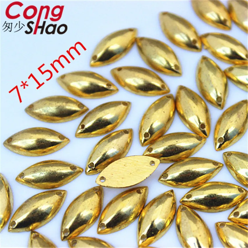 Cong Shao 100Pcs 10mm Gold Color stones and crystal Acrylic Round rhinestone trim flatback sewing 2 Hole DIY Wedding Dress ZZ733