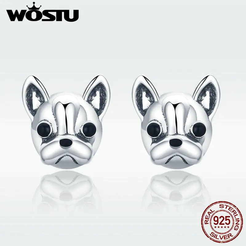 

WOSTU 100% 925 Sterling Silver Loyal Partners French Bulldog Dog Animal Small Stud Earrings for Women Oorbellen Jewelry DXE283