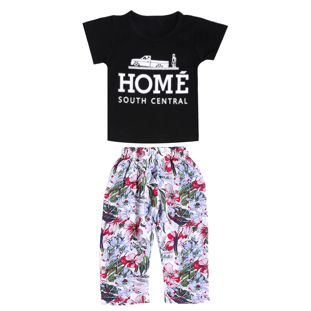 

2Pcs Girls Letters Print Black T-shirt Top with Flower Long Pants Clothing Set Fashion Summer Casual Short Sleeve Tops Pants
