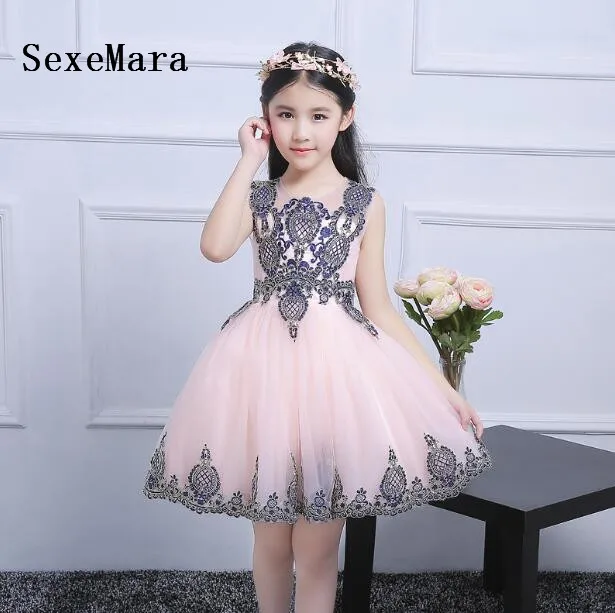 

New Short Girls Dresses Knee Length Lace Applique Baby Girls Birthday Dress Size 2-16 Free Shipping