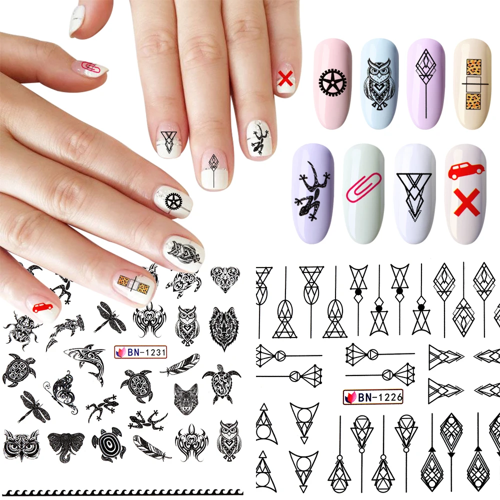 

12 Sheets Cute Animal Design Black Flower Paint-splashing Foils Nail Water Sticker Decals Nail Art 3D Owl DIY Slider Decoration