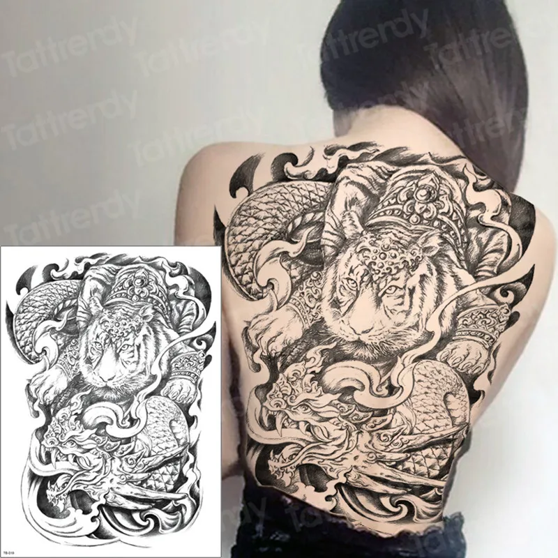 Большая большая полная спина грудь тату наклейка Гейша Дракон Татуировка тигр боди-арт временные водонепроницаемые татуировки для женщин и мужчин