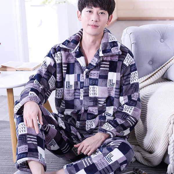 Pajamas Set Men Winter Warm Stripe Sleepwear Print Thick Flannel Pyjama Long Sleeve Pants V-Neck Shirt  Man Home Pjs cotton pjs Pajama Sets