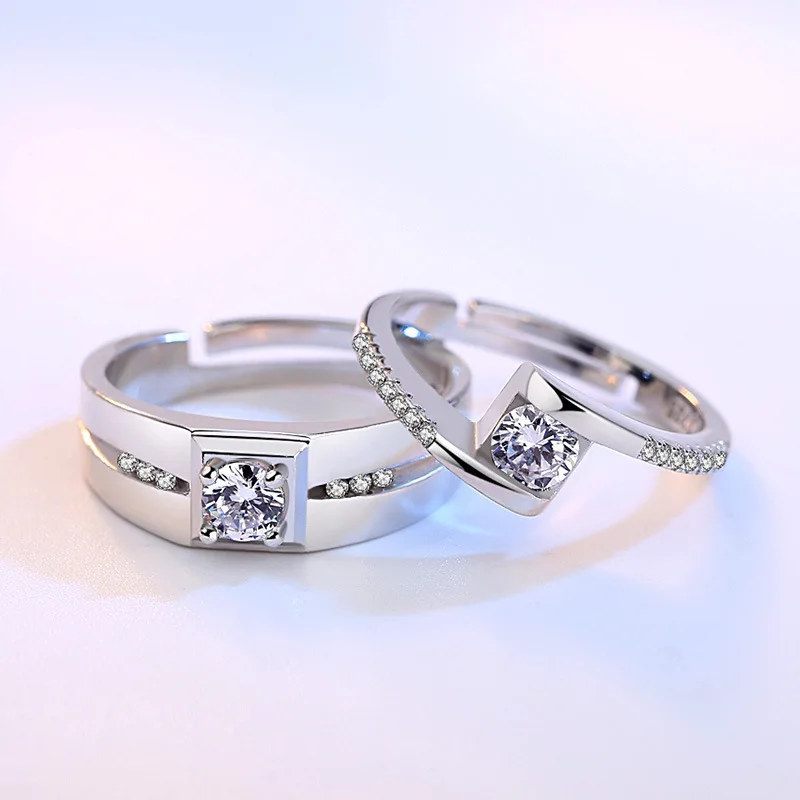 Crazy Feng 2 шт. CZ обручальное кольцо с кристаллами для женщин мужчин серебристый цвет регулируемый геометрический Цирконий пара колец Свадебные украшения