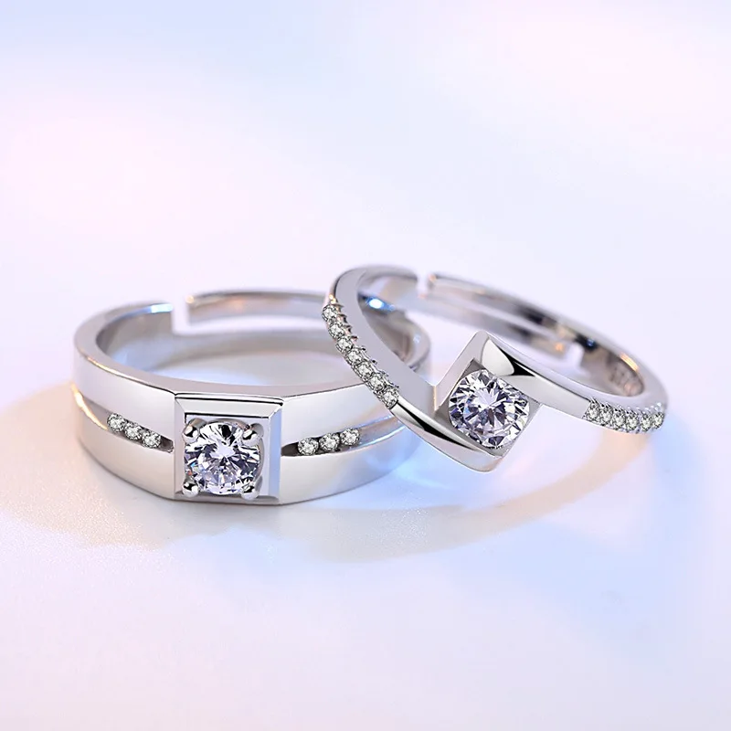 Crazy Feng 2PCS CZ Crystal Engagement Ring For Women Men Silver Color Adjustable Geometric Zirconia Couple Rings Wedding Jewelry