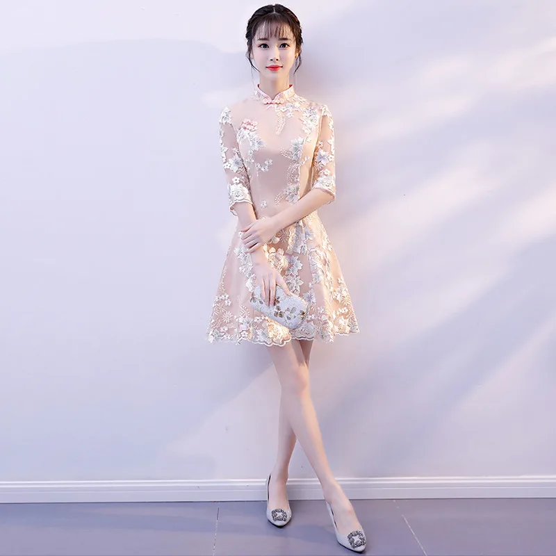 Champagne Синее традиционное китайское платье Qipao женские вечерние платья винтажный Чонсам для женщин невесты короткое Кружевное Ципао современное платье - Цвет: Champagne