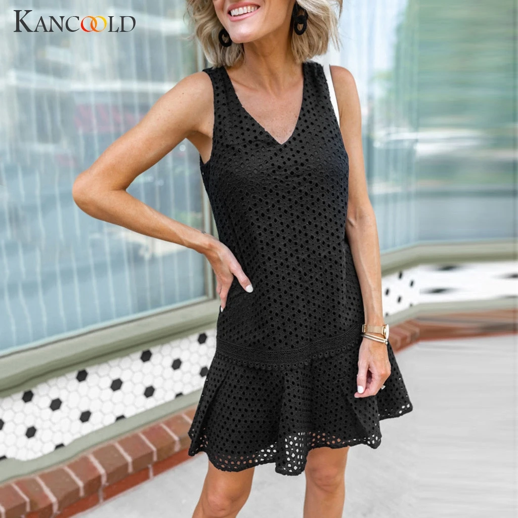 

KANCOOLD dress Women Sexy Solid V-Neck Lace Hollow Out Ruffled Dress Summer Sleeveless Mini fashion new dress women 2019jun12