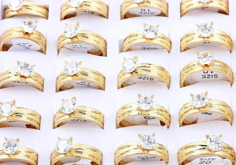 

Wholesale Lots Job 5Pcs Golden Crystal CZ Stone 316L Stainless Steel Ring Engagement Wedding Party Bride Xams Gift 17-21MM