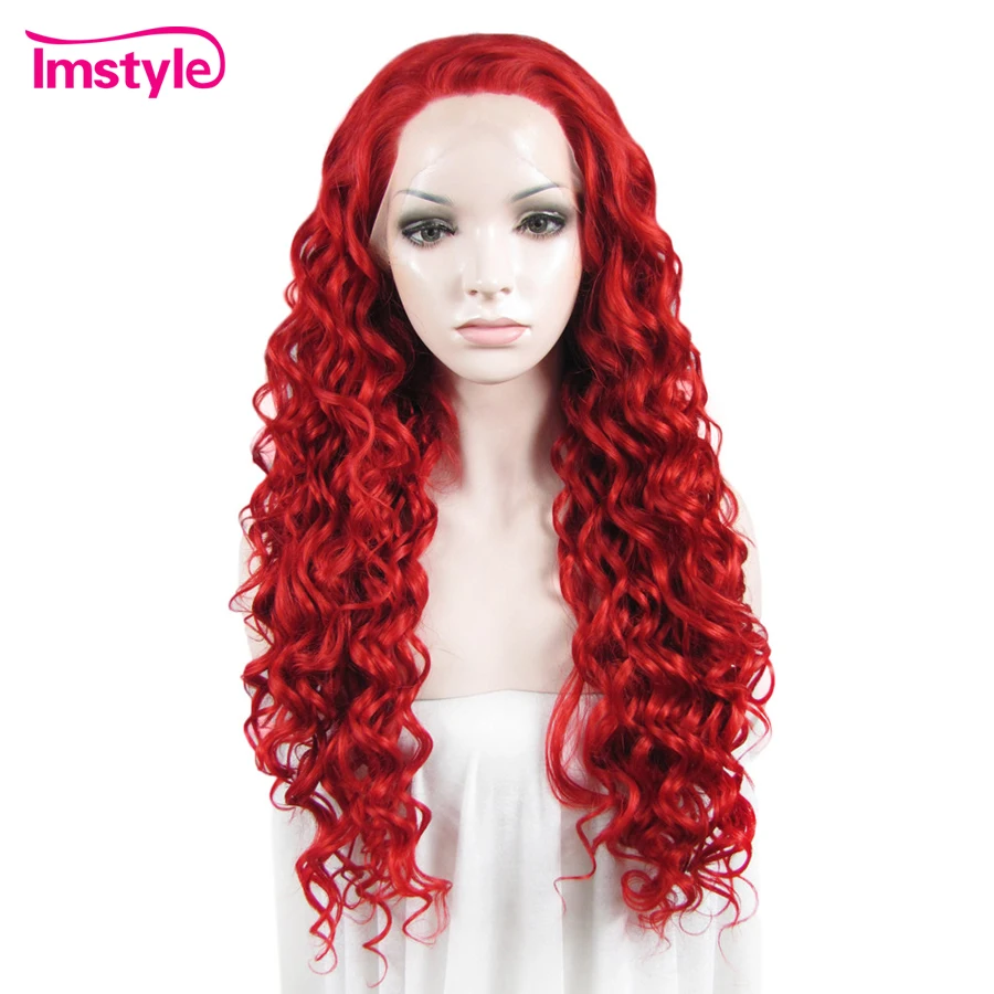 

Imstyle Red Curly Wigs For Women High Temperature Fiber Long Hair Synthetic Lace Front Wig With Free Part Cosplay Wigs
