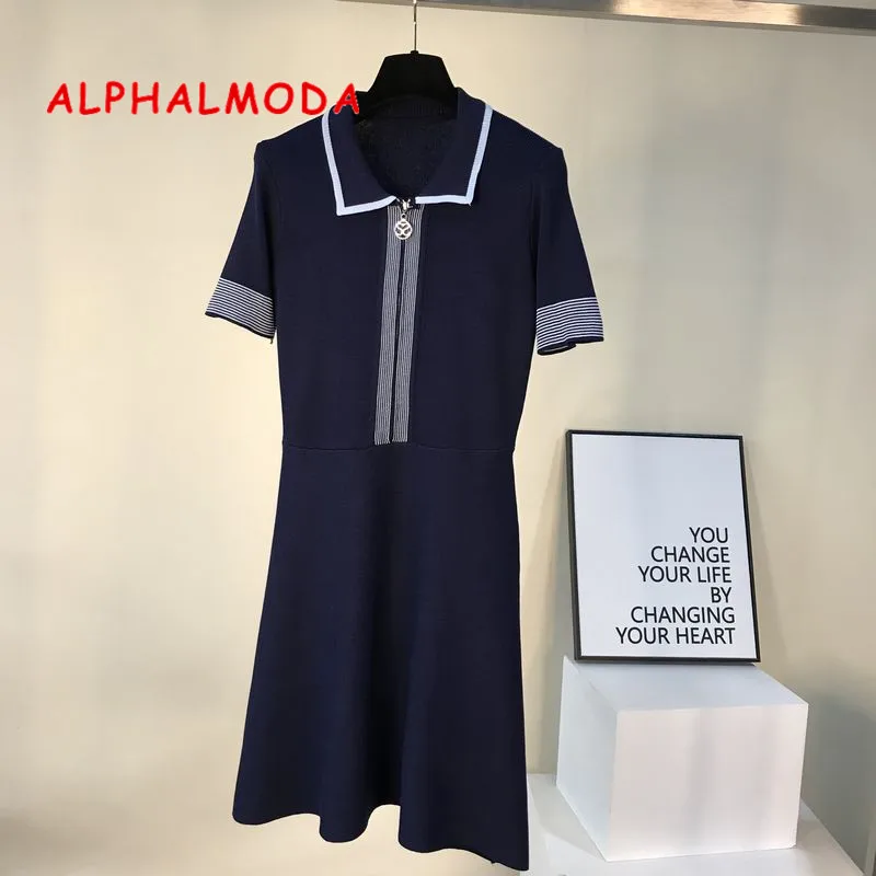 

ALPHALMODA 2019 New Fashion Slip-collar High-waist Knit Dress Women Short-sleeved A-line Casual Summer Vestidos