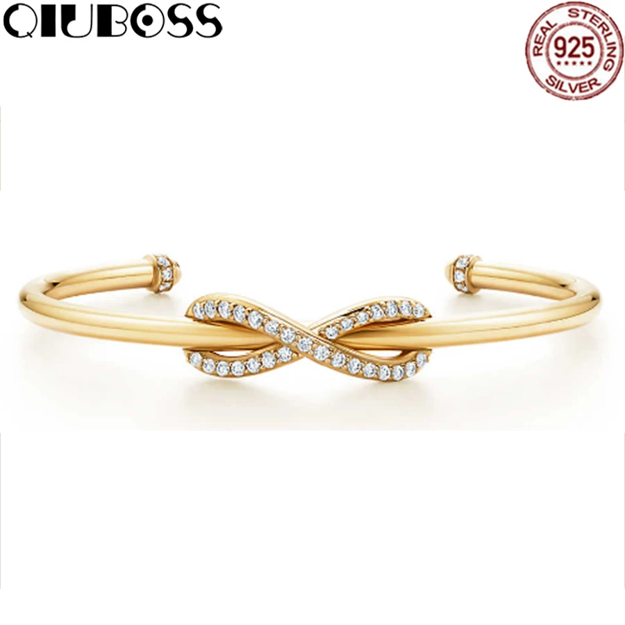 

QIUBOSS TIFF 925 Sterling Silver Genuine Zirconia Geometric Butterfly Bracelet Charm Elegant Golden Bracelet