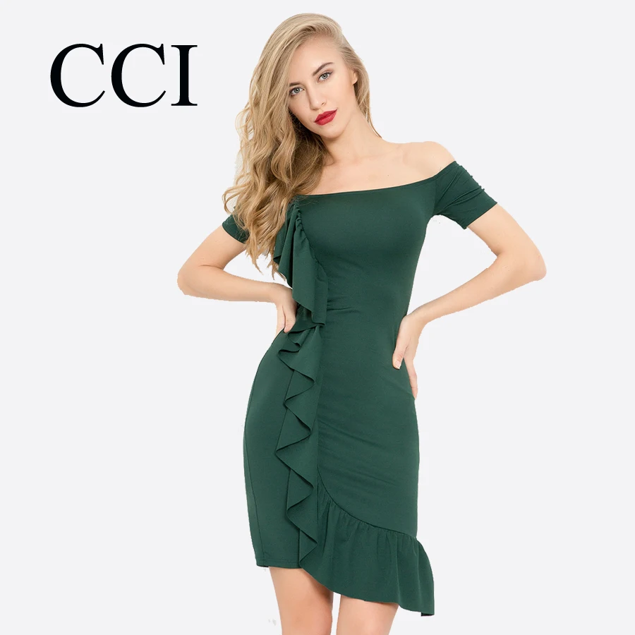 ТПП Off Shoulder Ruffle летнее платье Для женщин Сексуальная спинки Slash шеи Bodycon зеленый