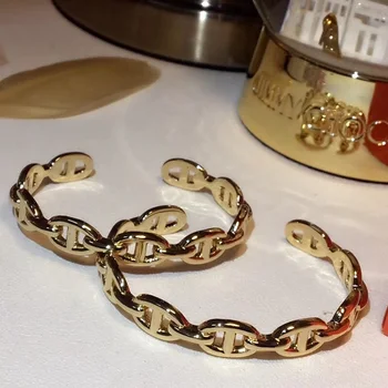 

XF Cool H Simple Cuff Bangle Women Wedding Bridal Copper Alloy Simple H Pig Nose Bangle Cuff Zircon Bangle Jewelry