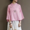 Women Short Loose Chinese Style Blouse Ladies Cotton Linen Vintage Summer Three Quarter Sleeve Retro Shirt Tops Female 2019 1