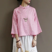 Women Short Loose Chinese Style Blouse Ladies Cotton Linen Vintage Summer Three Quarter Sleeve Retro Shirt Tops Female 2019 1