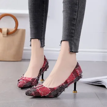 

Autumn New Beautiful Girl's Pointed Single Shoes Denim Floral Cloth Fresh Stiletto Princess High Heels Versatile Shoes Female