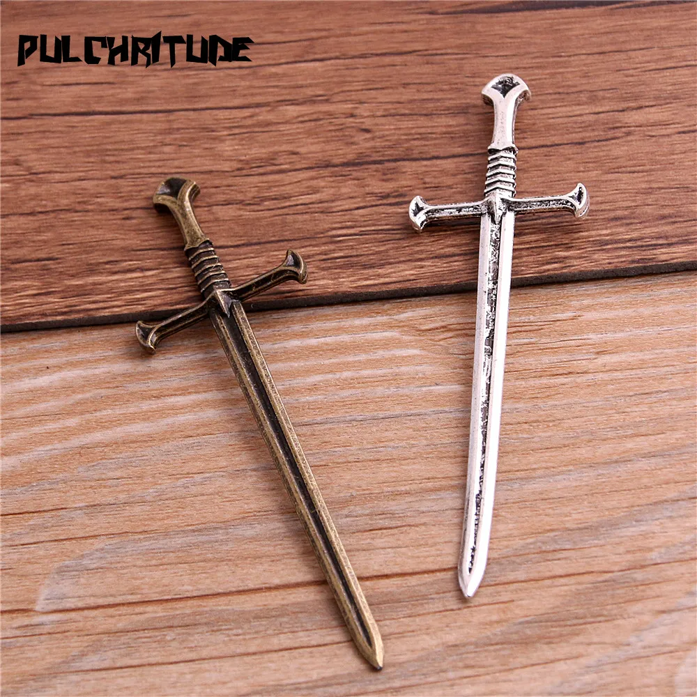 

PULCHRITUDE 4Pcs Two Color Zinc Alloy Knight Sword Charms for Jewelry Making DIY Handmade Weapons Pendant Charms 25*88mm T6363