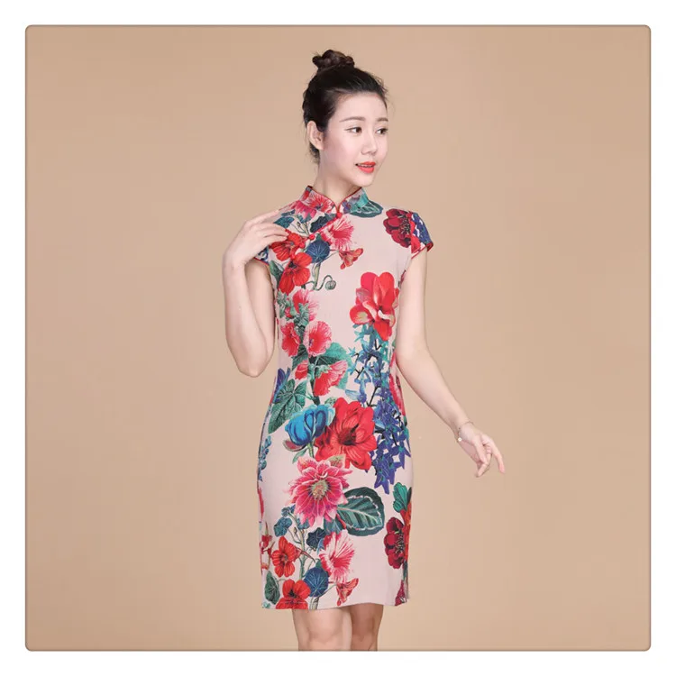 Sheng Coco плюс размер 5XL в полоску Cheongsam Короткие эластичные хлопковые льняные элегантные мягкие Qipao традиционная китайская одежда для женщин