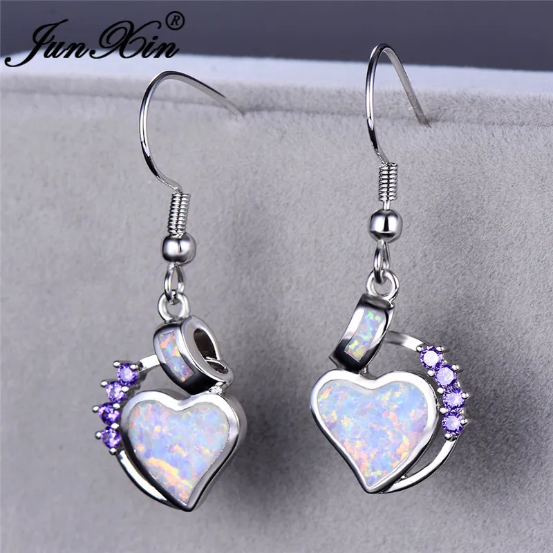 

JUNXIN Love Heart Dangle Blue White Fire Opal Drop Earrings For Women 925 Sterling Silver Purple Zircon Birthstone Earrings Gift