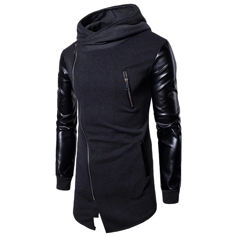 Laamei новые Harajuku мужские повседневные куртки с капюшоном из искусственной кожи Лоскутная мотоциклетная длинная верхняя одежда пальто на молнии неровные рок пальто