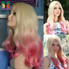 Pastel Rosa Peluca de color rubio Ombre Peluca Larga Rizada a prueba de Calor Pelo sintético con parte media peluca para Cosplay o el uso Diario