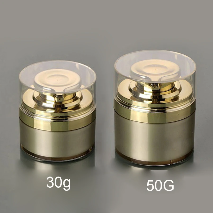 Ceny 2 sztuk za dużo 30g 50g Airless kosmetyczne krem okrągły pojemnik jar w kolorze złotym z wciśnięty pompy