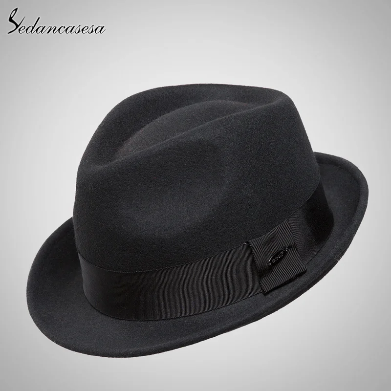 Sedancasase crushat шерсть из Австралии Fedora мода унисекс черный Хомбург Панама джазовая, шляпа для мужчин FM008021