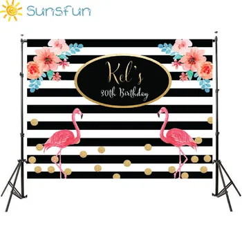 

Sunsfun 7x5FT Flamingo Birthday Backdrop Flowers Black and White Stripes Background Photocall Photobooth Custom 220x150cm