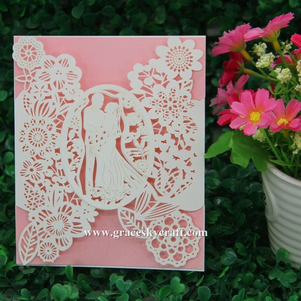 

30pcs/lot Laser Cut Wedding Party Invitation Cards with Inner Paper Greeting Card Lace Bridegroom &Bride free shipping