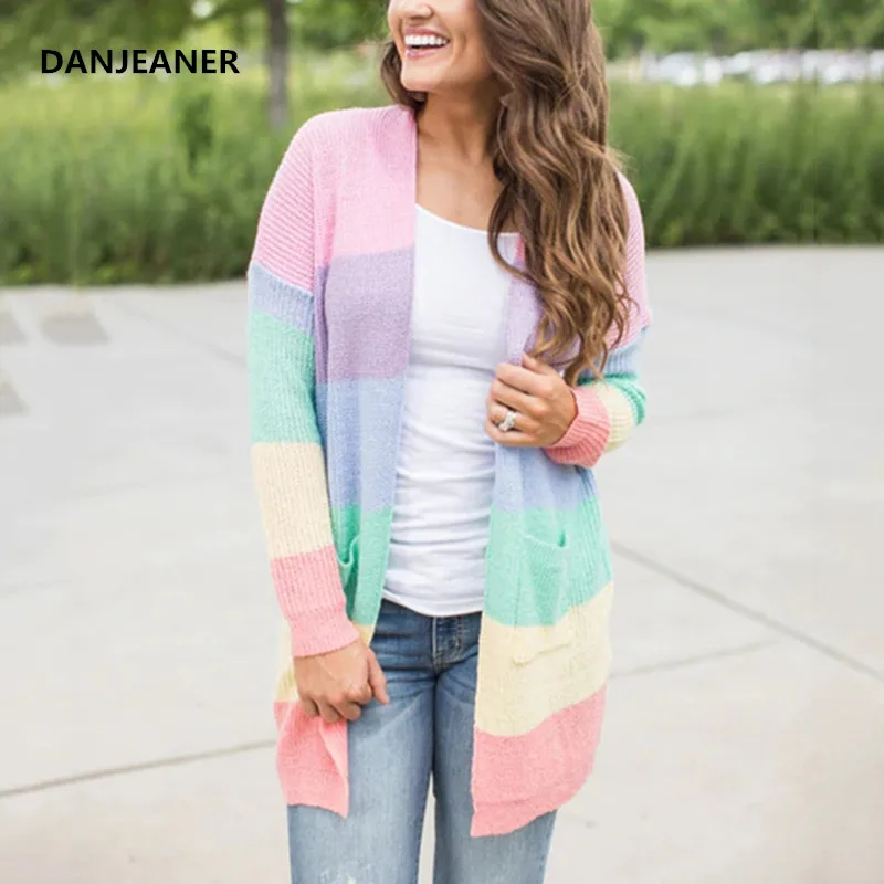 

Danjeaner Plus Size Rainbow Striped Long Cardigans Winter Clothes Women 2018 Fashion Knitted Sweaters Streetwear Tops Pull Femme