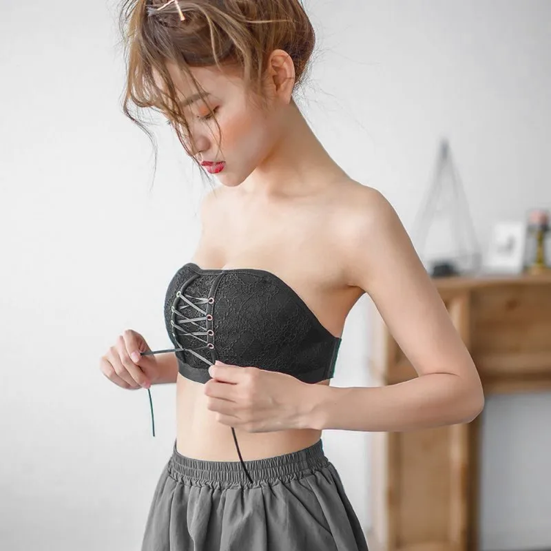 

Sexy Front Drawstring Padded Bras Lace Embroidery Half Cup Bras Women Side Closure Bras
