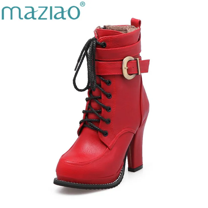 

MAZIAO High Quality Pu Autumn Winter New Arrive Women Boots Black Wine Red Brown Ankle Boots Zipper Buckle Lace Up Ladies Boots