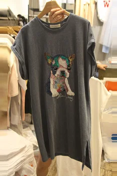 

Cartoon Sequined Woman Tees 2018 New Summer Medium-long Short Sleeve T-shirts O Neck Loose Women's Pullovers Tops Gray