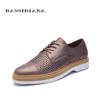 

BASSIRIANA Women Natural Leather Flats basic shoes Genuine leather Round Toe Lace-Up Casual Spring Summer Women's Shoes