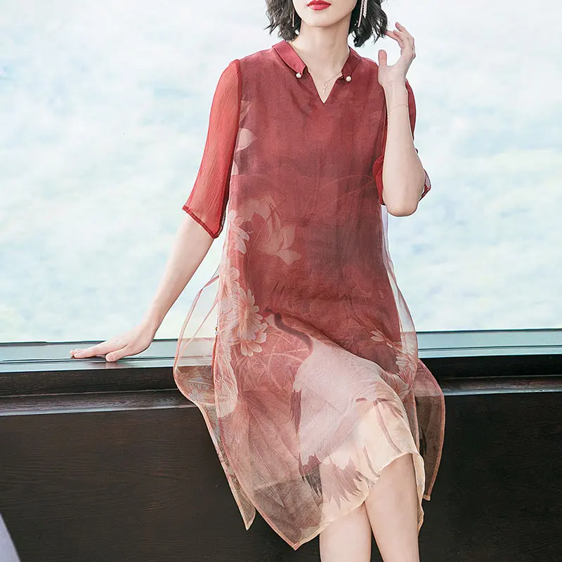 

YICIYA Silk Dresses Women Natural Silk 2019 Plus Size Dress Xxl Xxxl High Quality Elegant Vintage Robe Red Summer 2019 Clothes