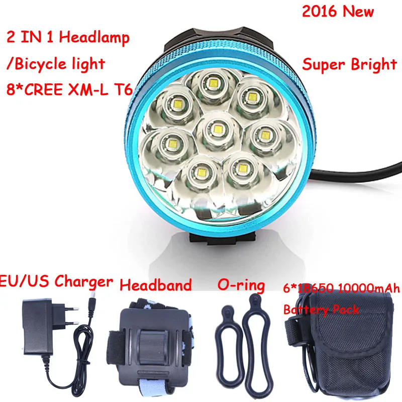 

2 in 1 8T6 12000 Lumens 8 x Cree XM-L T6 LED Headlamp Bicycle Bike Light 3 modes with 8.4v 10000mAh 6*18650 Battery Pack