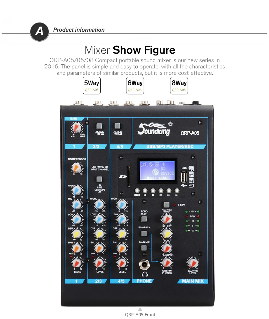Soundking портативный микшерный пульт профессиональный аудио микшер USB/SD Аудио запись Bluetooth устройство воспроизведения 48 В фантомное питание A05/06/08