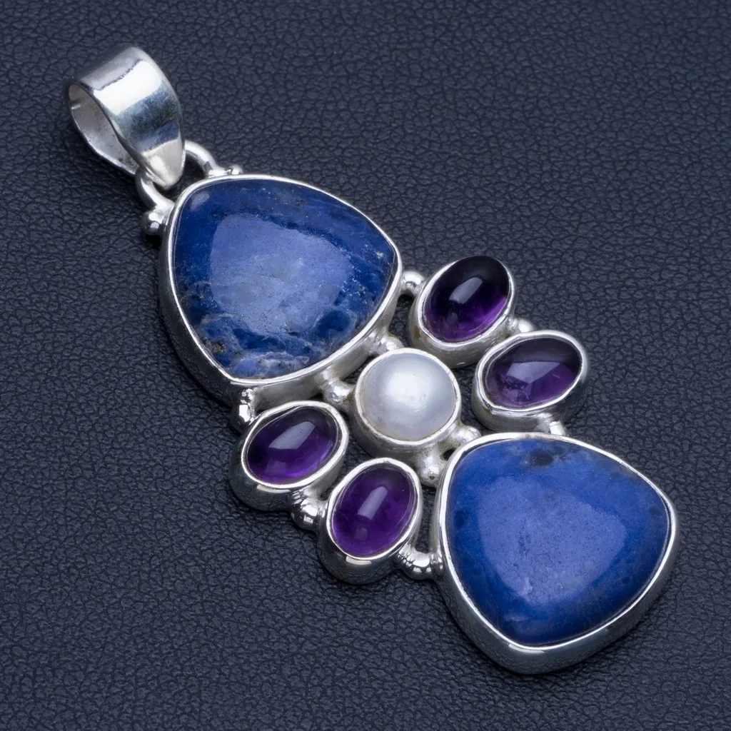 

Natural Navy Sodalite,Amethyst and River Pearl Punk Style 925 Sterling Silver Pendant 2" R0404