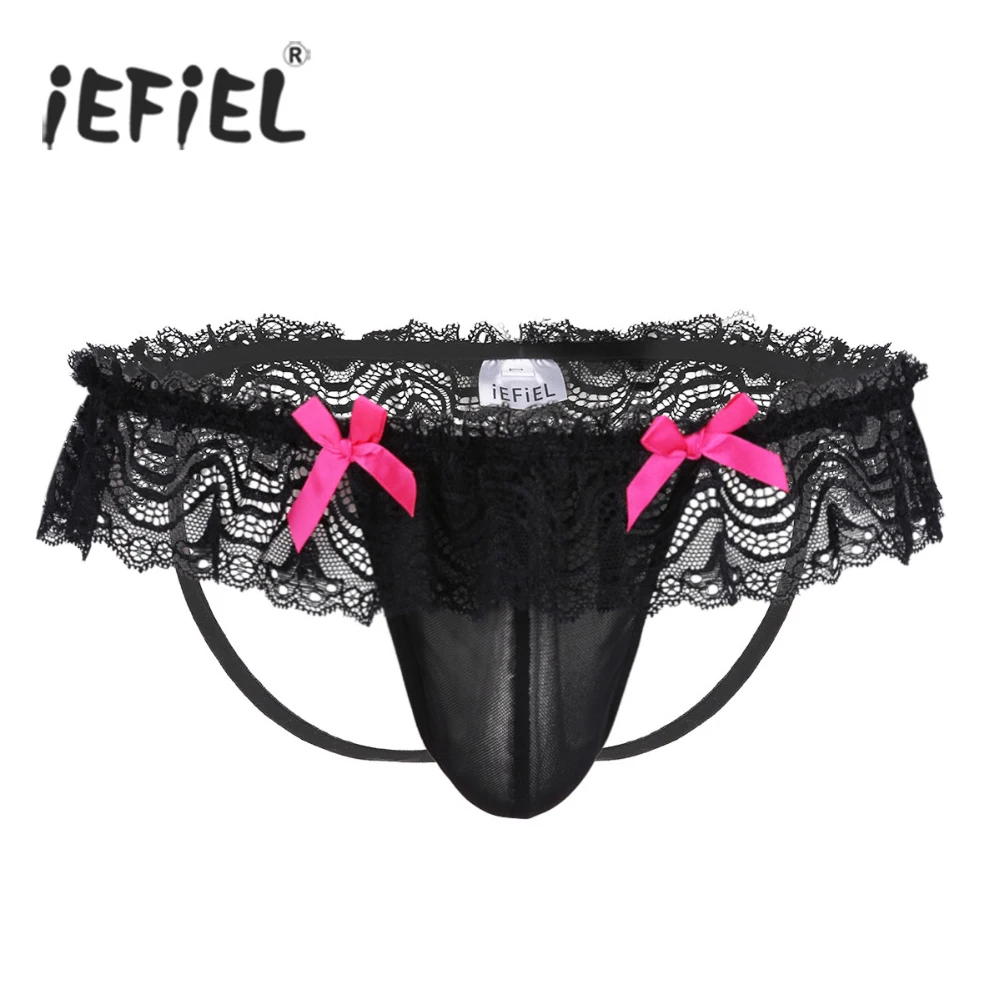 

iEFiEL Brand Hot Gay Mens Lingerie Panties See Through Mesh Lace Bowknot Open Butt Jockstraps Bikini Briefs Underwear Underpants