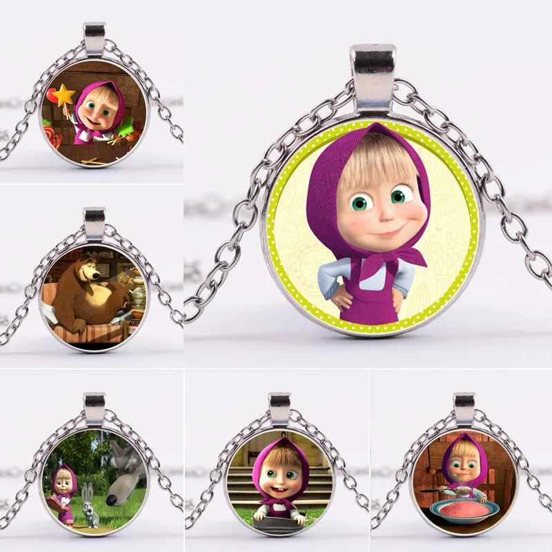 

Russia Masha Time gem Alloy glass pendant necklace Fashion hanging accessories Creative gift for kids bear
