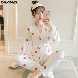 Молочные шелковые принтованные пижама-кимоно наборы для Для женщин 2018 Новый Демисезонный с длинным рукавом пижамы Pijama для дома Домашняя