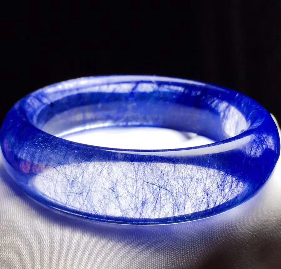 

Genuine Natural Blue Rutilated Quartz Crystal Bangle 55mm Brazil Round Beads Gemstone For Woman Lady Gift Bangles