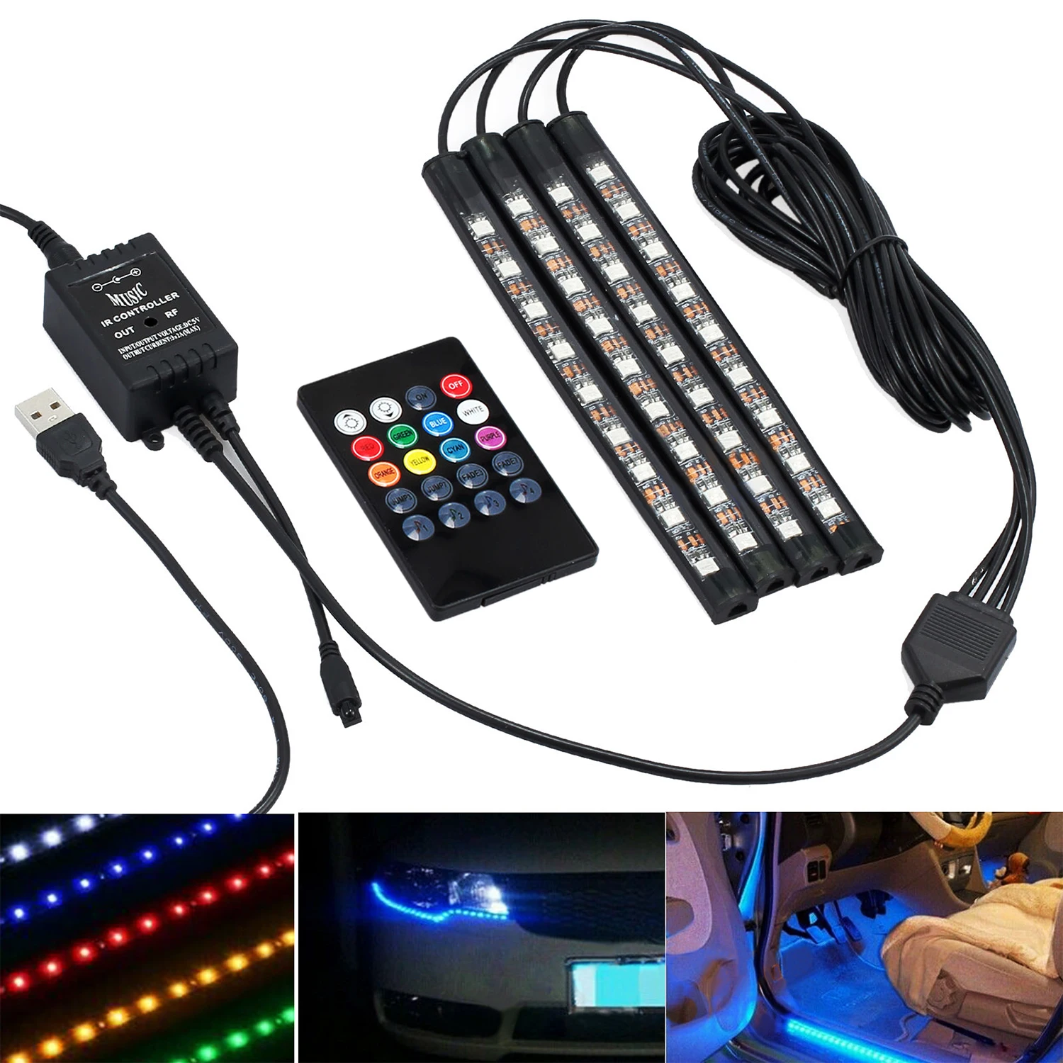 4x DC12V 9 светодиодный RGB интерьер автомобиля атмосфера подножки полосы светильник USB зарядное устройство