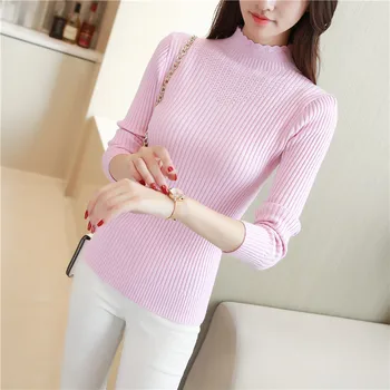 

Blue new dress all-match stretch knitted shirt pick hole